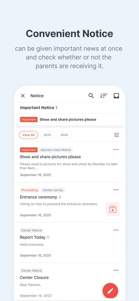 Kids Note app interface displaying a list of daycare notices and important announcements for parents