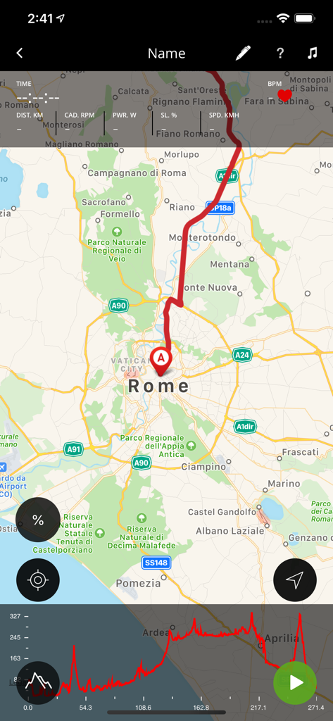 myETraining app interface showing a GPS cycling route on a map of Rome with real-time performance data and elevation profile