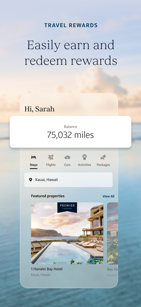 Capital One Travel - Capital One Travel app interface showing a rewards balance of 75,032 miles and hotel booking options for Kauai Hawaii