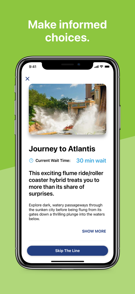 SeaWorld mobile app showing Journey to Atlantis ride information with a 30 minute wait time and a skip the line button