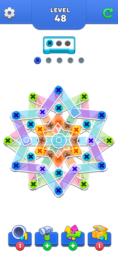Gameplay of Unscrew Puzzle Pin Jam featuring colorful screws and glass plates in a sorting level.