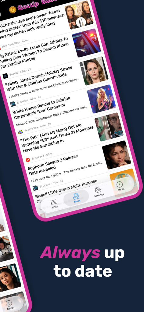 Gossip Bucket Celebrity News - Gossip Bucket app interface showing a scrolling feed of the latest celebrity news headlines and photos