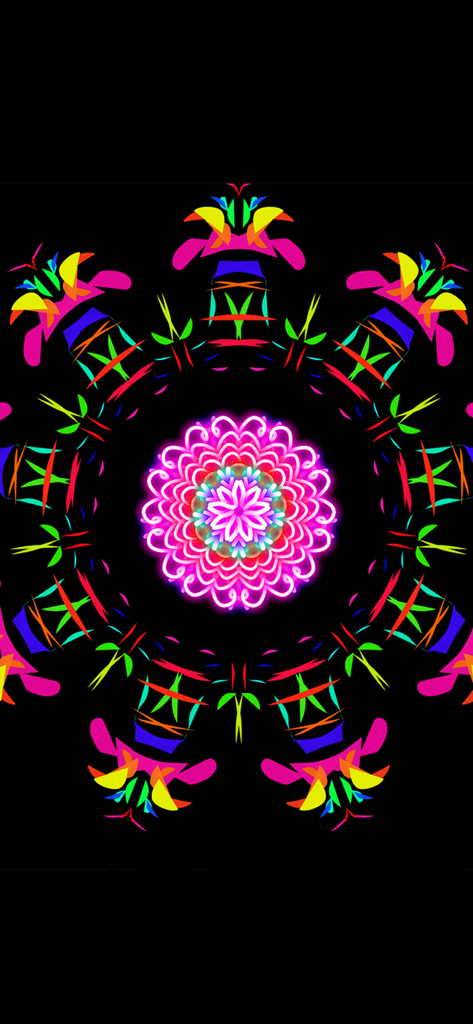 Kaleidoscope Drawing Pad - Un colorido patrón de caleidoscopio de neón con un centro brillante de color rosa sobre un fondo negro