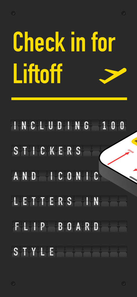 Airport Stickers: Liftoff - Introductory screen for Airport Stickers Liftoff featuring 100 stickers and iconic airport flip board style letters