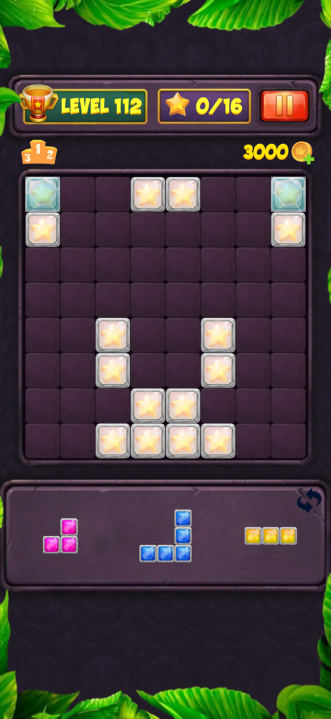 Block Blast Level - Block Blast Level Gameplay-Bildschirm, der ein Raster mit Juwelenblöcken und Level-Fortschritt zeigt