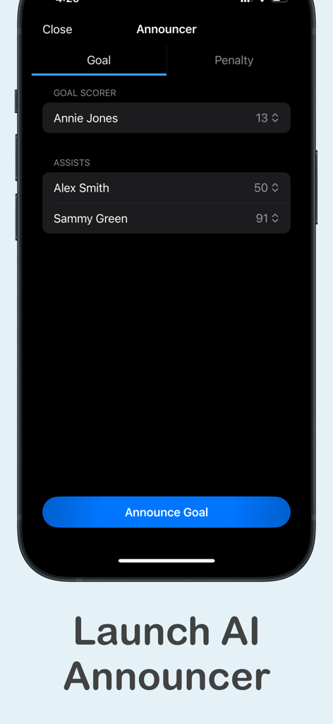 MyHockeyAnnouncer - Live - Smartphone screen showing the MyHockeyAnnouncer app interface for announcing goals with AI