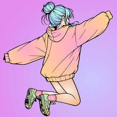 realistic girl jumping with a bun and oversized sweatshirt