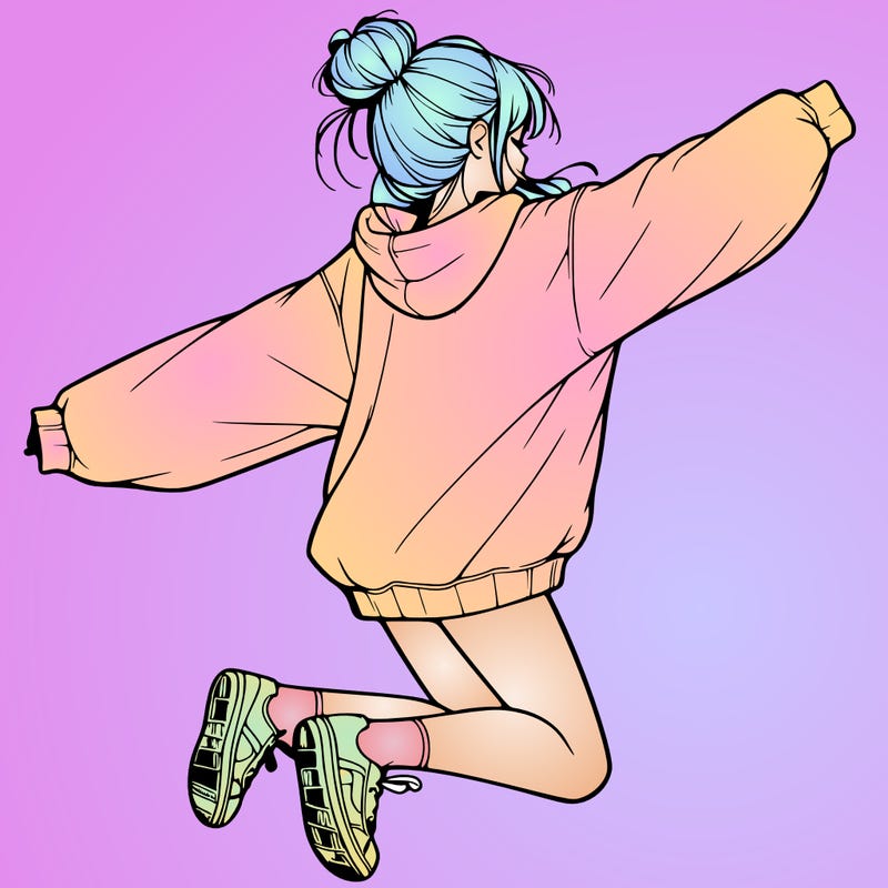 realistic girl jumping with a bun and oversized sweatshirt