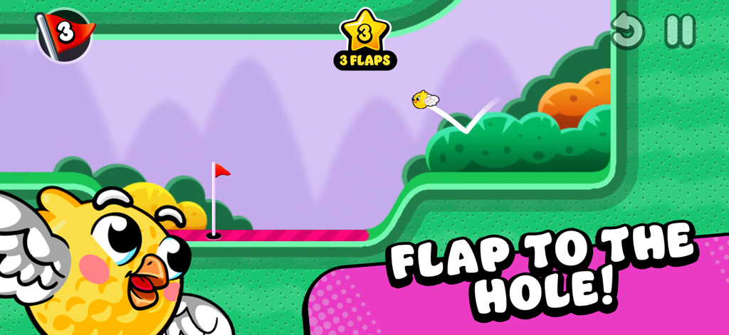 Super Flappy Golf gameplay showing a yellow birdie flapping towards the hole on a vibrant green course.