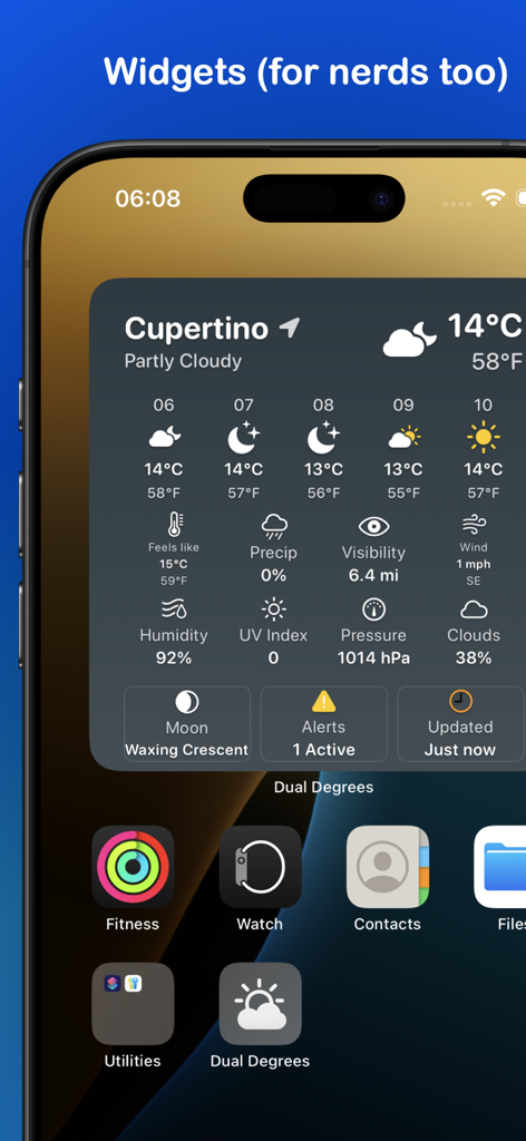 Dual Degrees – C° & F° Weather - A detailed weather widget on an iPhone home screen displaying temperature in both Celsius and Fahrenheit side by side.