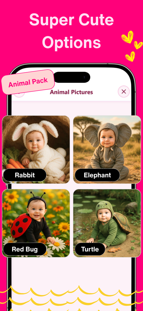 Newborn Baby AI Photo: NewPic - NewPic app interface showing AI generated baby photos in cute animal costumes like rabbit and elephant