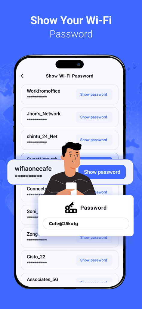Tela do aplicativo móvel mostrando uma lista de redes Wi-Fi e uma senha revelada para fácil acesso