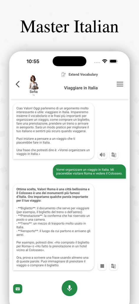Interactive AI chat interface for practicing Italian speaking skills in the ItalicoAI app