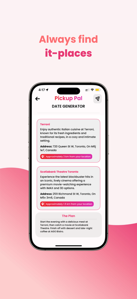 Pickup Pal AI date generator interface showing local dining and entertainment suggestions