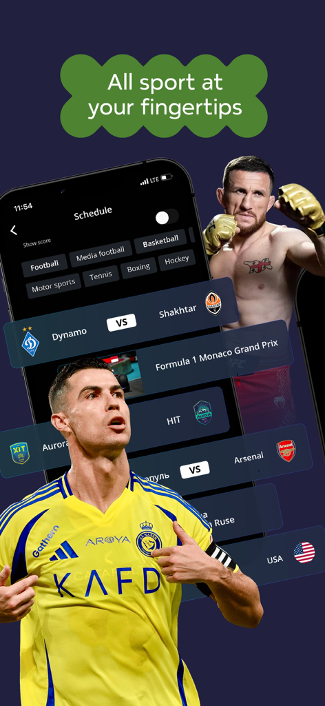 Kyivstar TV app interface showing a live sports schedule for football boxing and formula 1