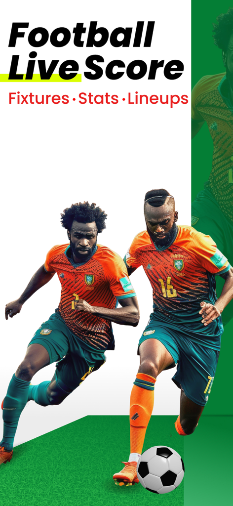 Football Scoreboard Live Score - Football Live Score app promotional screen showing fixtures stats and lineups with soccer players in action