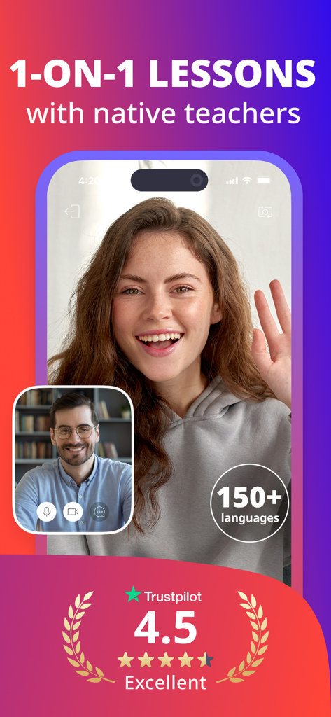 italki - Language Learning - A promotional screen for italki showing a 1-on-1 video call lesson with a native teacher and an excellent Trustpilot rating.