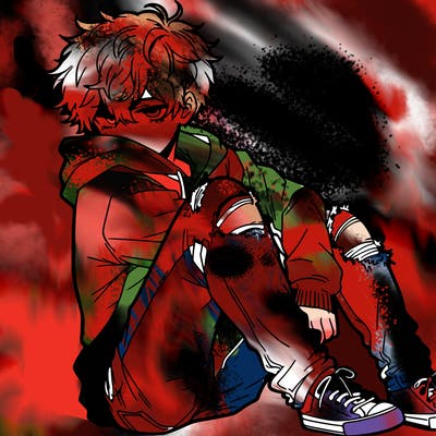 a male hoddie ripped jeans messy hair anime