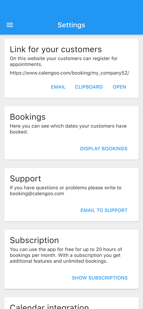 Appointment Booking System - Einstellungsbildschirm der Terminbuchungssystem-App, der den Kundenbuchungslink und die Buchungsverwaltungsoptionen anzeigt.
