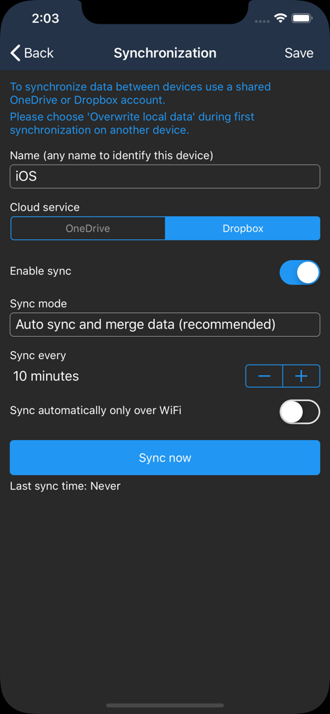 Money Tracker Infinite - Synchronization settings screen in Money Tracker Infinite showing cloud backup options for Dropbox and OneDrive