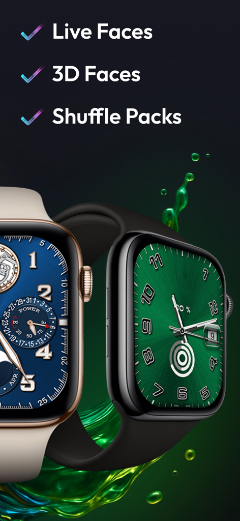 Prime Watch Faces Gallery - 3Dおよびライブ機能を備えたプレミアムな青と緑の高級アナログフェイスを示す2つのApple Watch