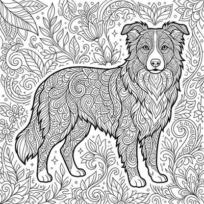 Dive into a world of intricate patterns with this stunning Border Collie adult coloring page. Its detailed design, featuring a beautiful Border Collie amidst nature-inspired swirls, offers a truly engaging and calming coloring experience.
