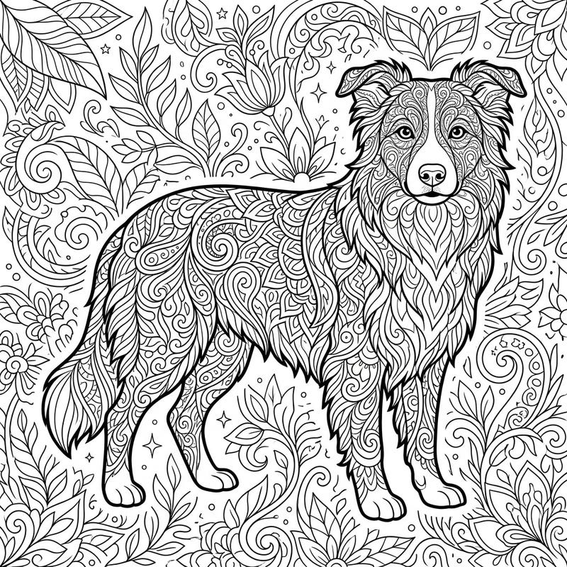 Dive into a world of intricate patterns with this stunning Border Collie adult coloring page. Its detailed design, featuring a beautiful Border Collie amidst nature-inspired swirls, offers a truly engaging and calming coloring experience.