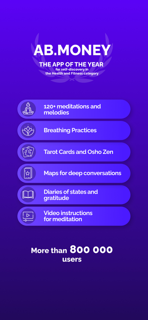 AB.MONEY: meditation & breath - AB.MONEY app interface showing meditation breathing practices tarot cards and daily gratitude diaries with a purple background