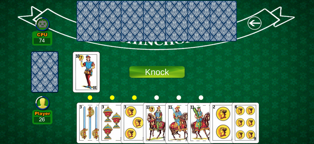 Pantalla de juego del juego de cartas español Chinchón Pabroton con cartas españolas sobre una mesa verde