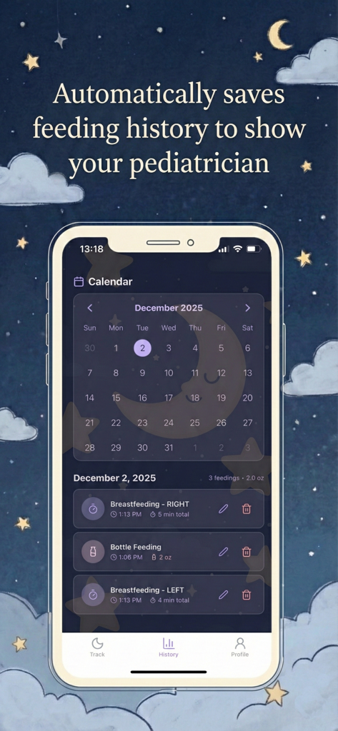 MoonMilk - Newborn Baby Log - Una captura de pantalla de la aplicación MoonMilk que muestra un calendario mensual y registros de alimentación detallados para sesiones de lactancia materna y biberón.