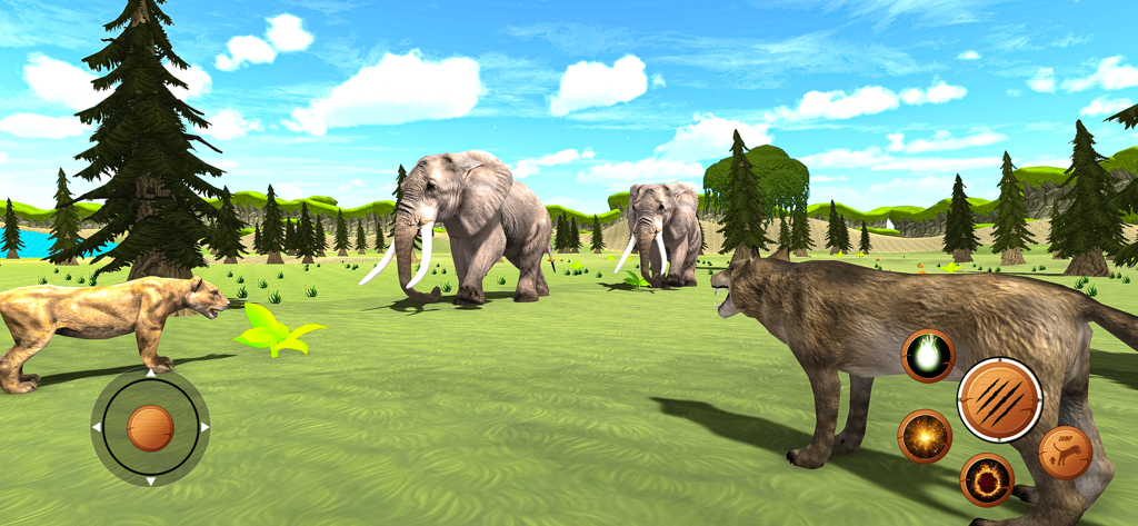A wild wolf facing off against a lioness in a green open world field with elephants in the background
