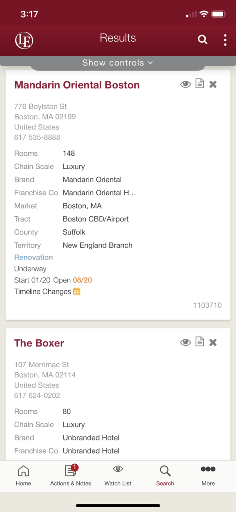LE Business Development - Suchergebnisseite in der LE Business Development App, die detaillierte Hotelimmobilien-Daten und Projektstatus anzeigt.