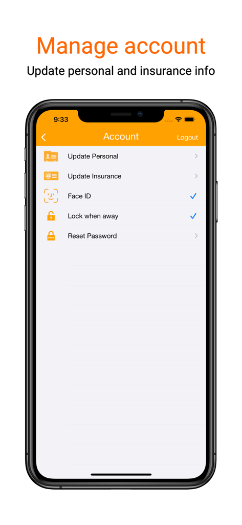 nAble Health mobile app account management screen showing options to update personal and insurance information