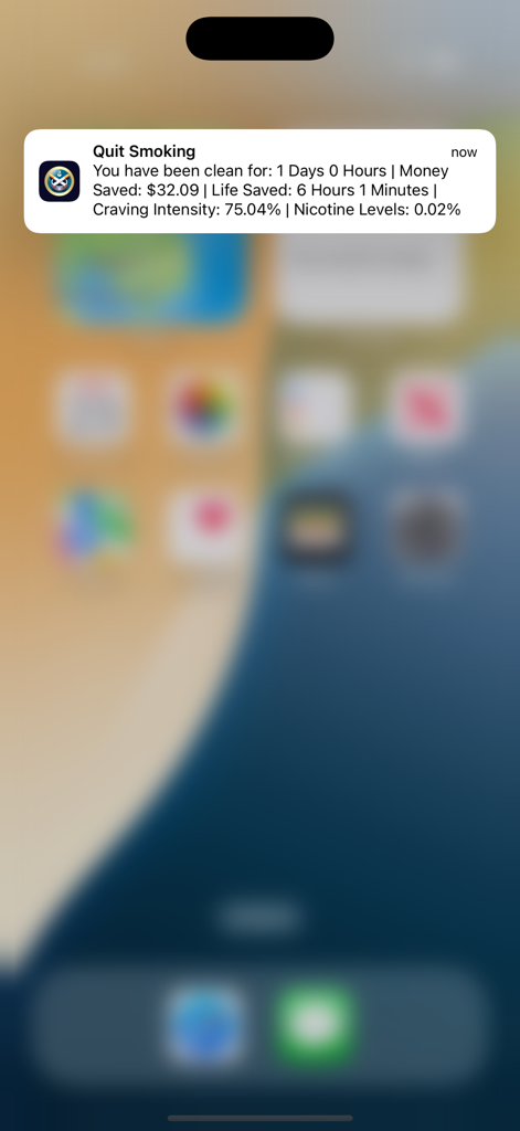 iPhone push notification from Quit Smoking Progress app showing time clean money saved and health metrics