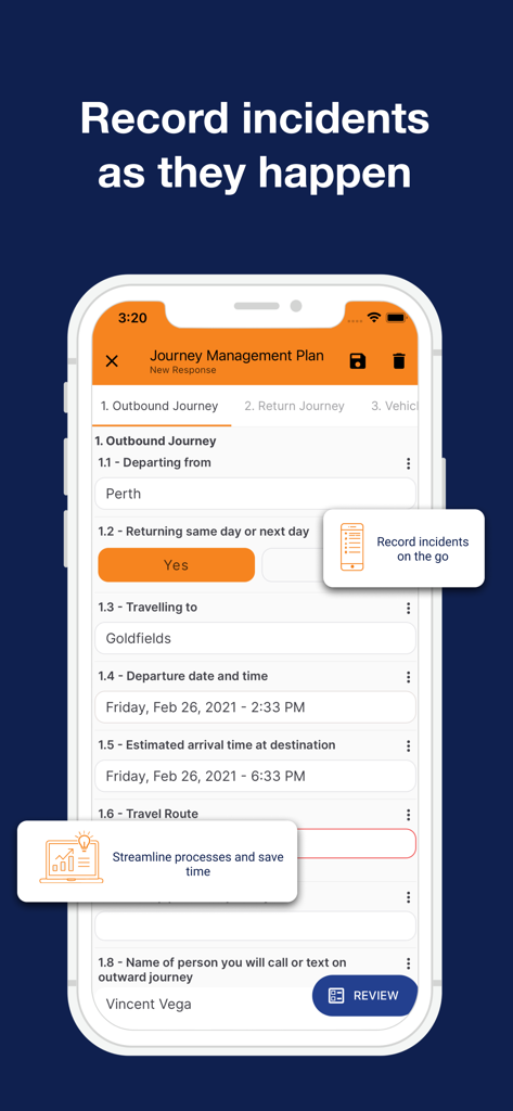 CorePlan - CorePlan mobile app displaying a digital journey management plan form for deskless workers to record incidents and travel details in the field