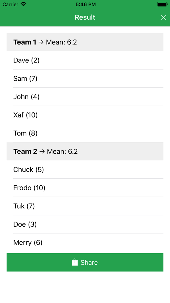 Balanced team results screen in Team Maker app showing two squads with player ratings