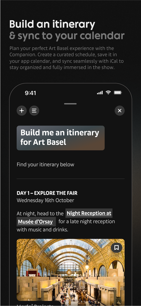 Interface da aplicação Art Basel para criar um itinerário personalizado e sincronizar horários com um calendário móvel