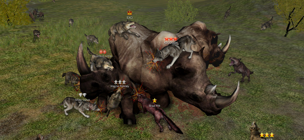 사바나 환경에서 코뿔소를 협동 공격하는 플레이어가 조종하는 늑대 무리