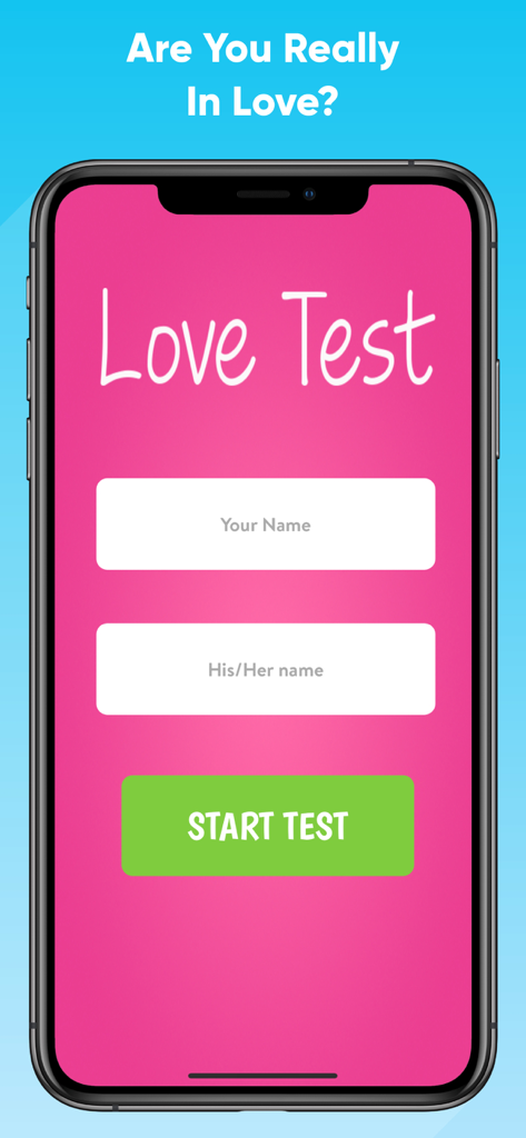 Main screen of Love Tester app featuring name input fields and a start test button on a pink background