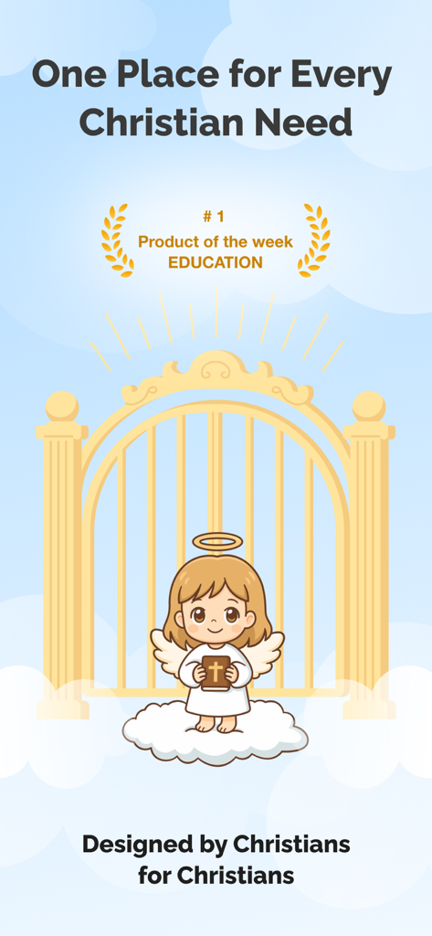 Angely: Screen Time & Faith - A cute cartoon angel holding a Bible in front of heavenly golden gates