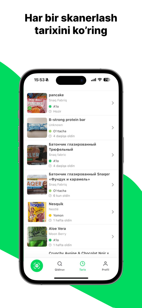 Sifatly: Product Scanner - Lista del historial de escaneo que muestra las puntuaciones de salud de los productos alimenticios en la aplicación Sifatly.