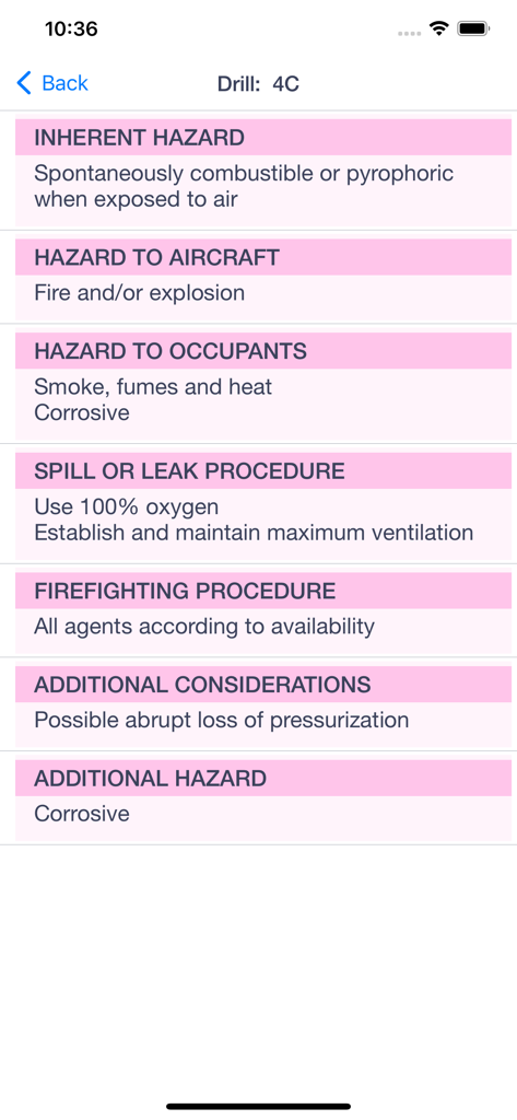 ERG Drill Codes - Aviation emergency response screen showing hazards and safety procedures for drill 4C
