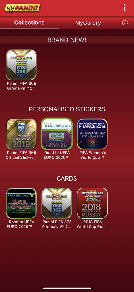 MyPanini app screen displaying various personalized sticker and card collections including FIFA and UEFA sets