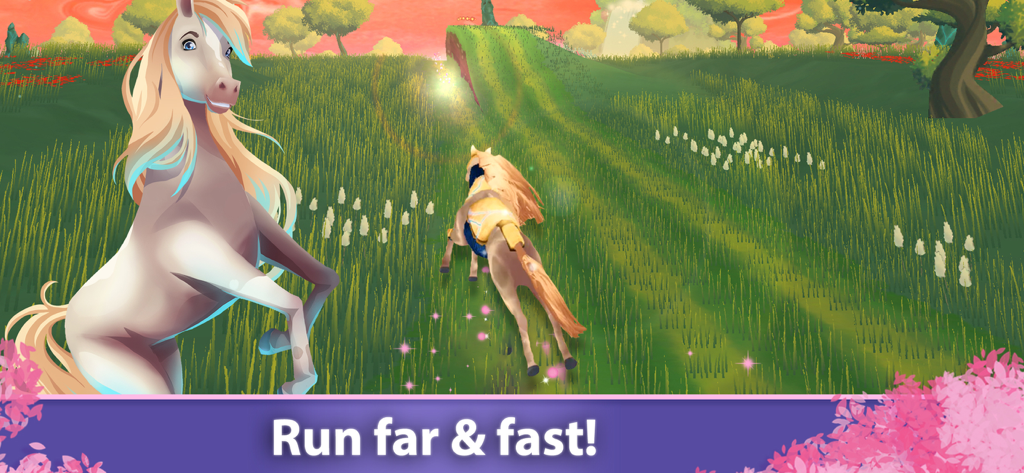 Horse Games EverRun - A magical horse galloping through a lush green field under a pink fantasy sky in the EverRun game