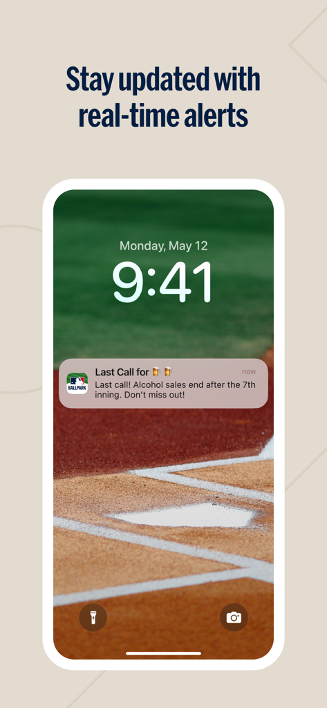 iPhone lock screen showing a real-time notification from the MLB Ballpark app regarding stadium alcohol sales.