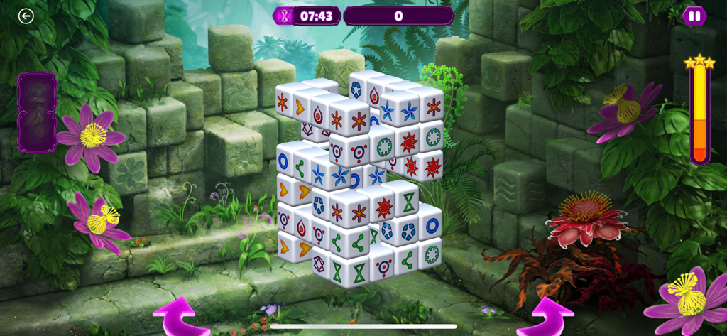 Tap Tiles - 3D Mah-jong Games - A 3D mahjong puzzle stack in a peaceful garden setting with vibrant purple and red flowers