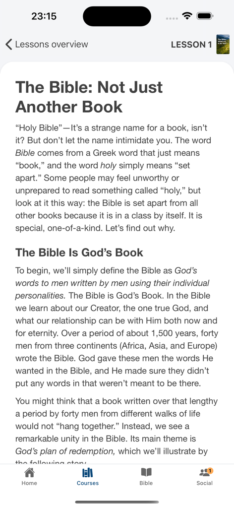 A Bible study lesson screen from the EMMAUS app titled The Bible Not Just Another Book.