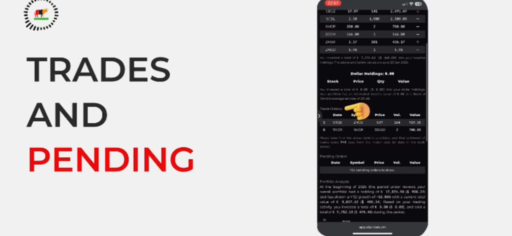 SBZ Digital - SBZ Digital app interface displaying trade history and pending orders for investors
