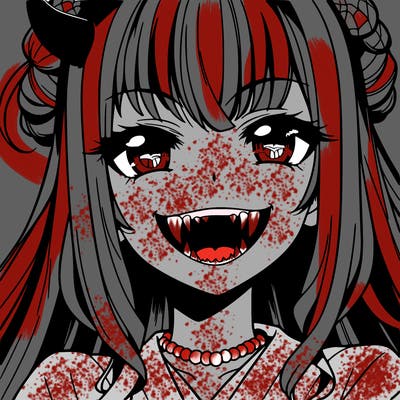anime girl, vampire teeth,demon slayer themed, evil smile