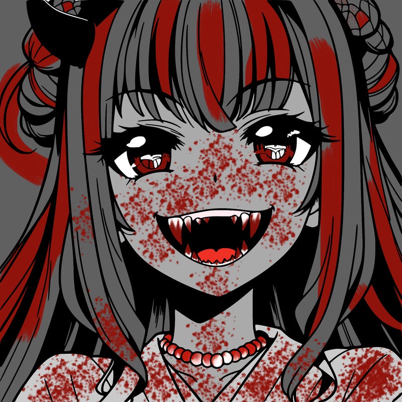 anime girl, vampire teeth,demon slayer themed, evil smile